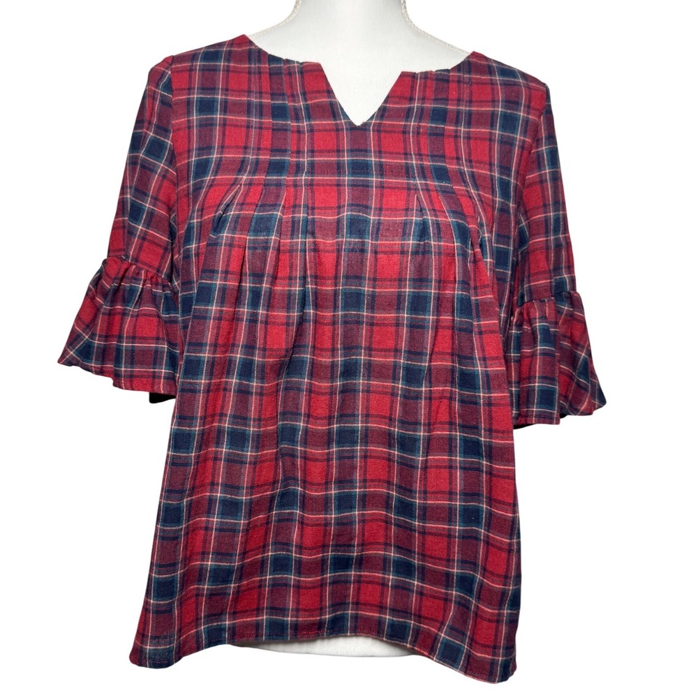 IJOAH Plaid Babydoll Blouse Small Red Navy Ruffle Bell Sleeve Excellent Cotton